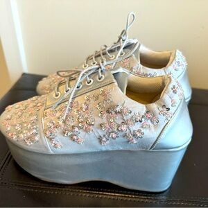 Embellished Silver Platform Lace-Up Sneakers
